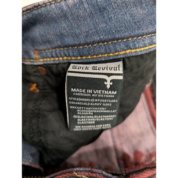 Rock Revival Moto Elroy Biker Distressed Jeans Acid Wash Red Blue Mens Size 38 - Picture 9 of 12